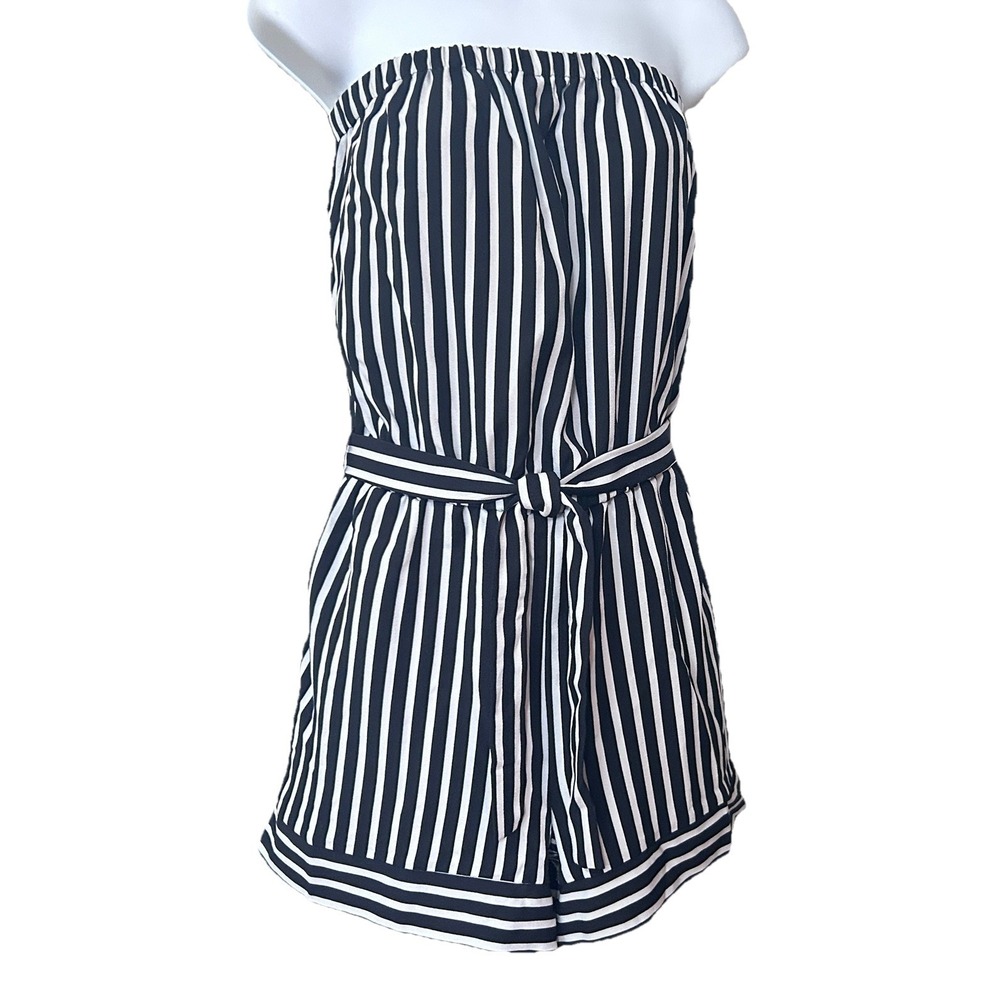 CI SONO Short Romper Strapless Halter Striped Size Med Black & White Belt